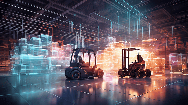 Two future forklifts displayed at a digjtal modern warehouse-Equip Insights_forklift tips