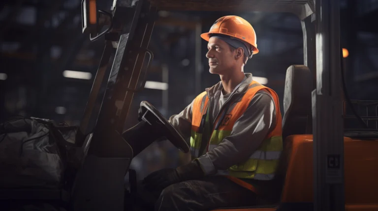A forklift operator wearing a seat belt and safety devices while handling a heavy load