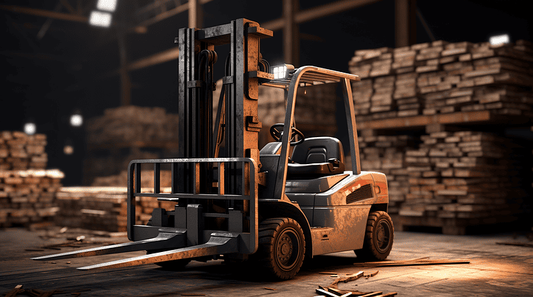 A forklift truck transporting pallets in a warehouse