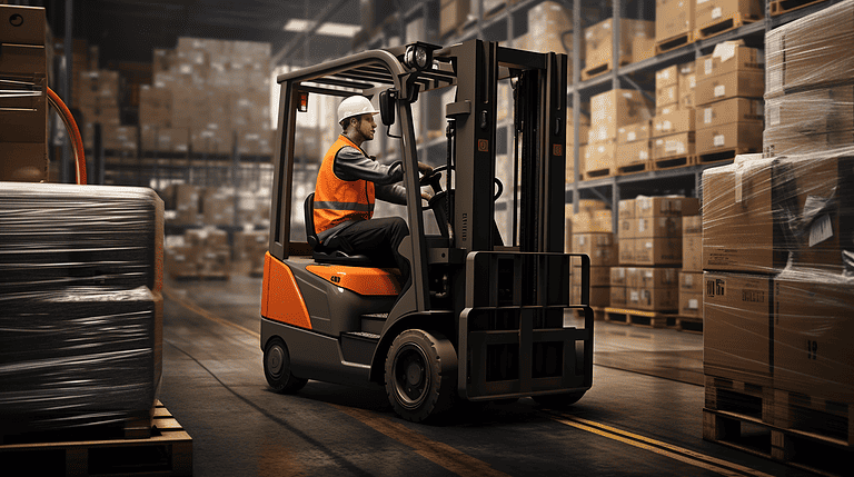 A man wearing a high-visibility vest operating a forklift in a warehouse, equipinsights.com