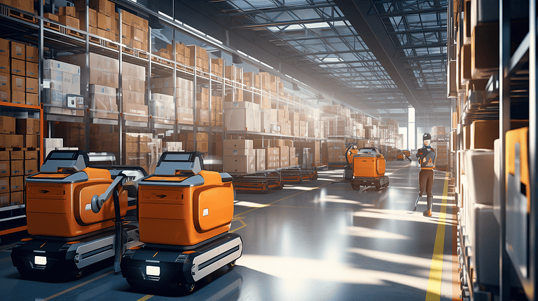 A modern warehouse filled with autonomous robots sorting, moving boxes, and loading trucks