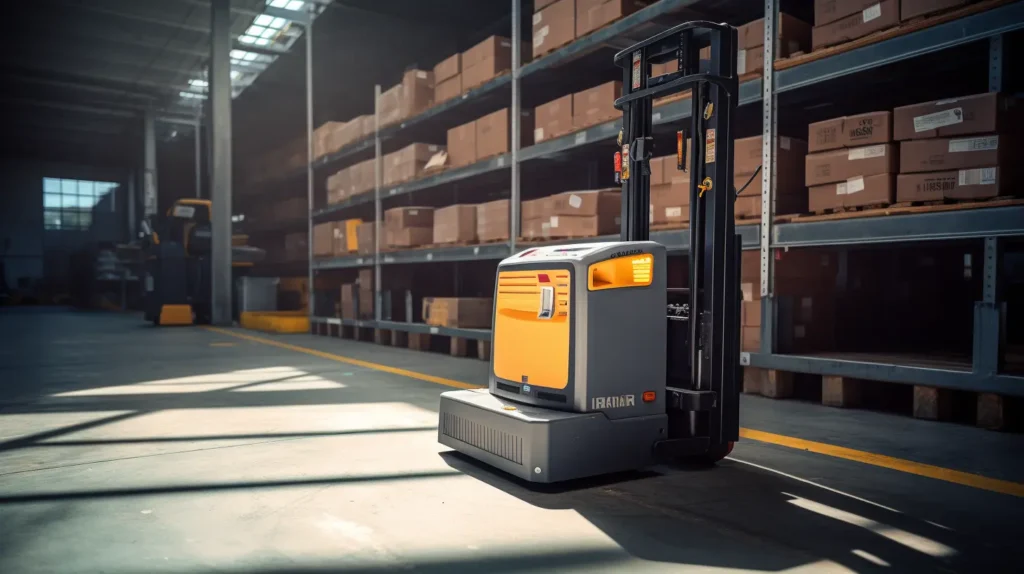 A reach stacker forklift with Lithiom battery working in awarehouse