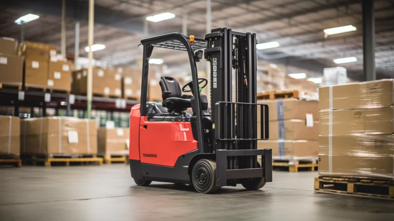 A red forklift with Lithium Forklift Battery working in a warehouse