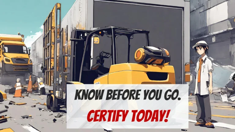 An anime style image showing an incident bewteen a forklift and a truck, educating people to get trained for forklift before operation, equipinsights.com