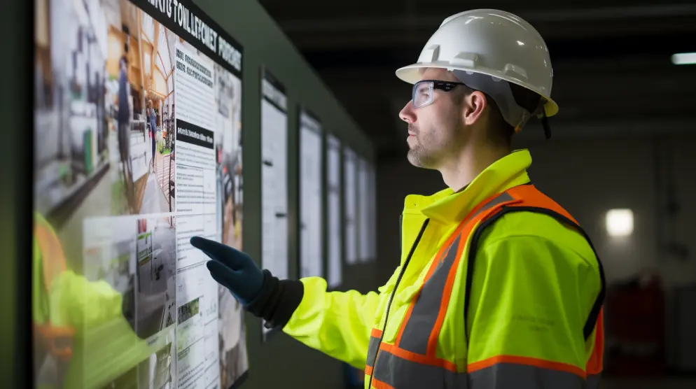 An industrial safety expert in a high-visibility vest stands before a large poster detailing precautions for industrial battery use
