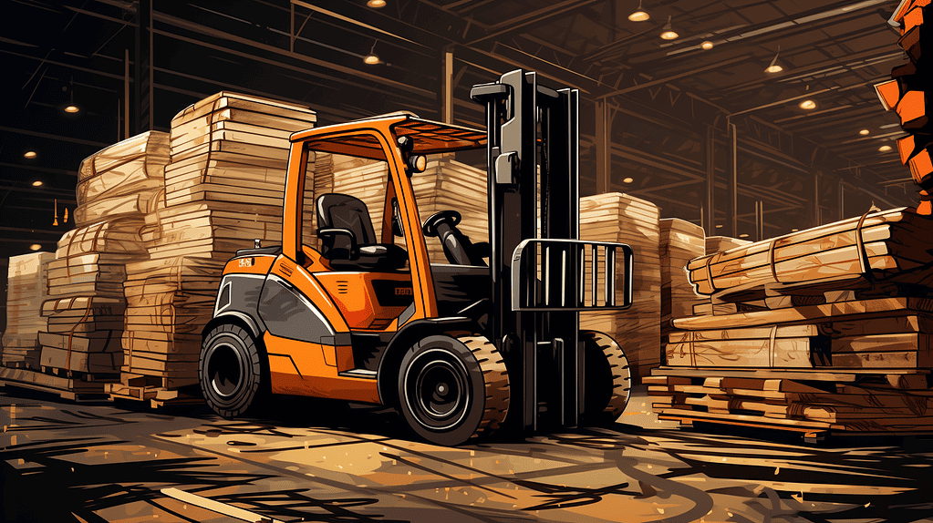 An organge forklift lifting pallet goods in a warehouse_forklift history
