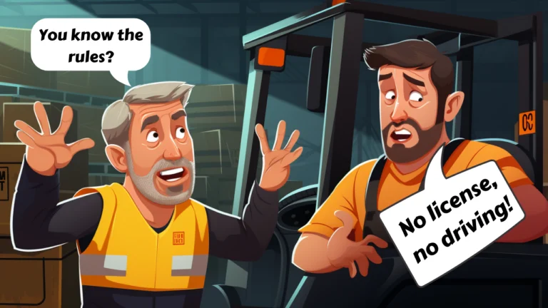 Anime style image-A man driving a forklift in a warehouse without license, caught by a supervisor