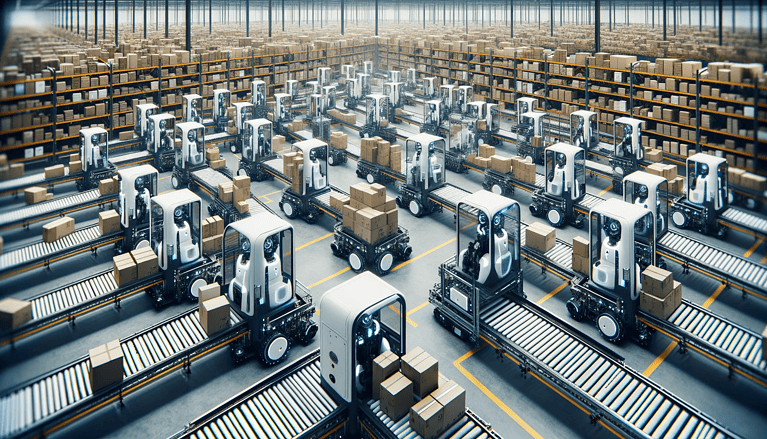 A warehouse full of Automatic Robots for material handling.
