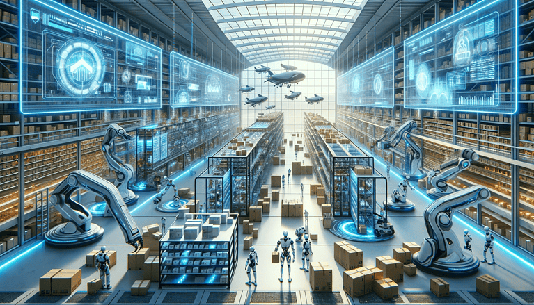 Concept art showcasing a visionary future warehouse Automation, multi-level platforms. Robots with AI-driven facial recognition scan.