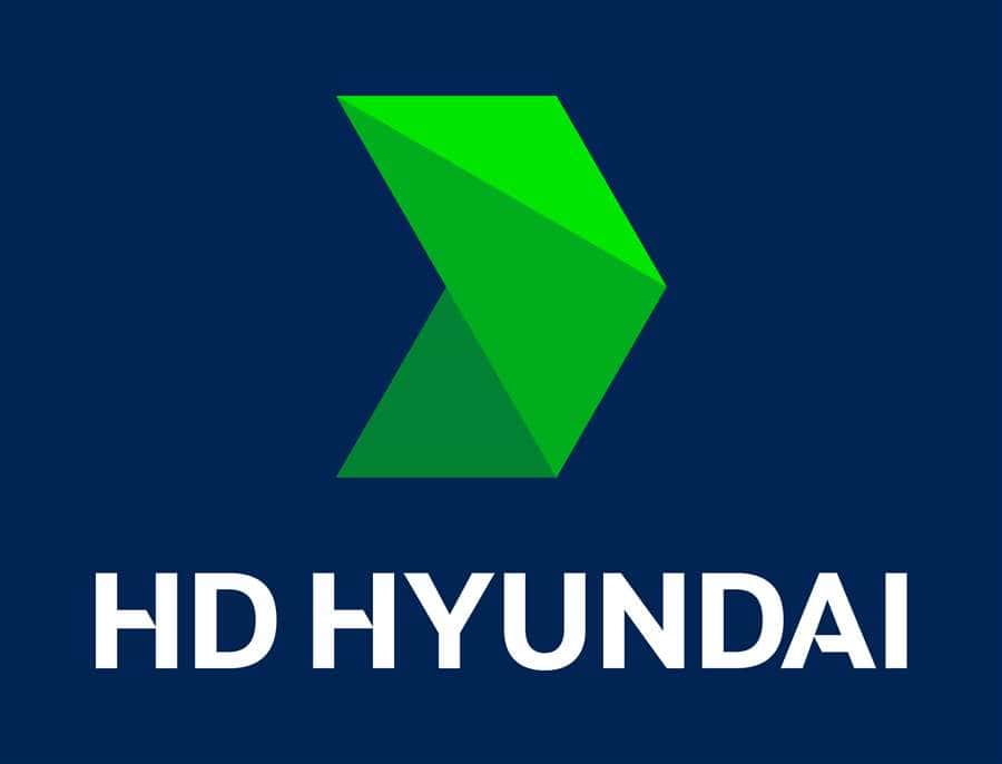 HD Hyundai Xitesolution Logo, traditional blue background, green forward mark, white text "HD Hyundai"
