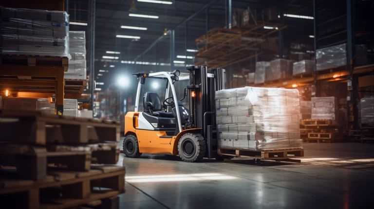 Illuminated under the white glow of warehouse lights, an internal combustion forklift stands prominently_equipinsights.com