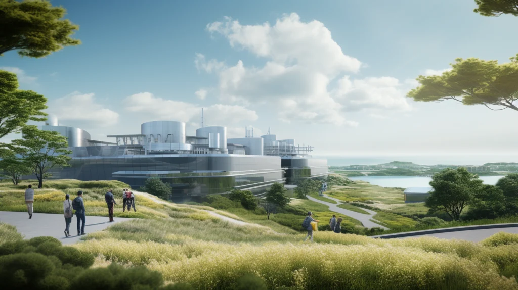 Inside a futuristic eco-industrial park, engineers and economists conduct a site visit to analyze the real-world impact of industrial battery solutions on the environment and the economy
