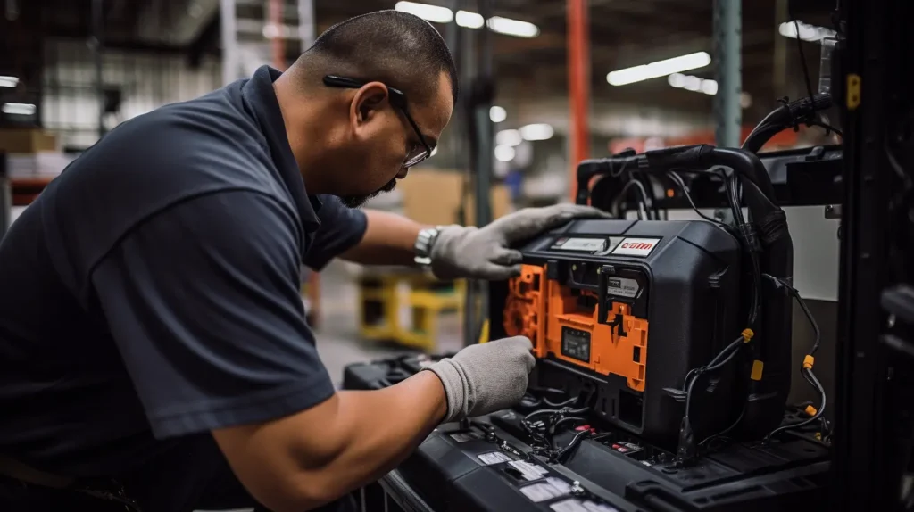 Inside a state-of-the-art forklift manufacturing plant, a technician carefully installs a lithium battery into the forklift's power compartment