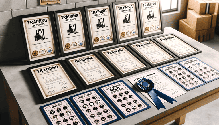 a well-lit table featuring an array of forklift training certificates neatly framed.