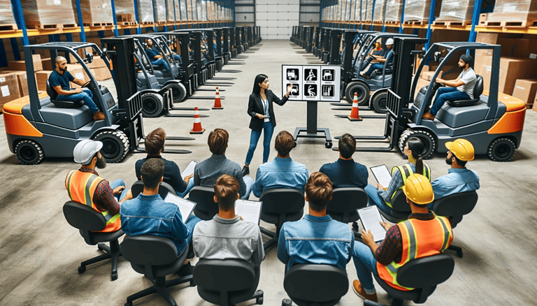 Workplace Safety Training _a group of forklift operators sitting in a semi-circle around an instructor