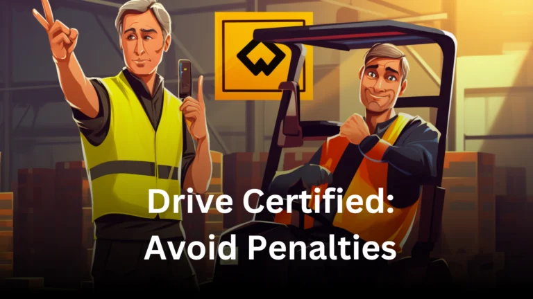 Supervisor reprimanding a forklift operator, pointing at a penalty sign for uncertified driving forklift