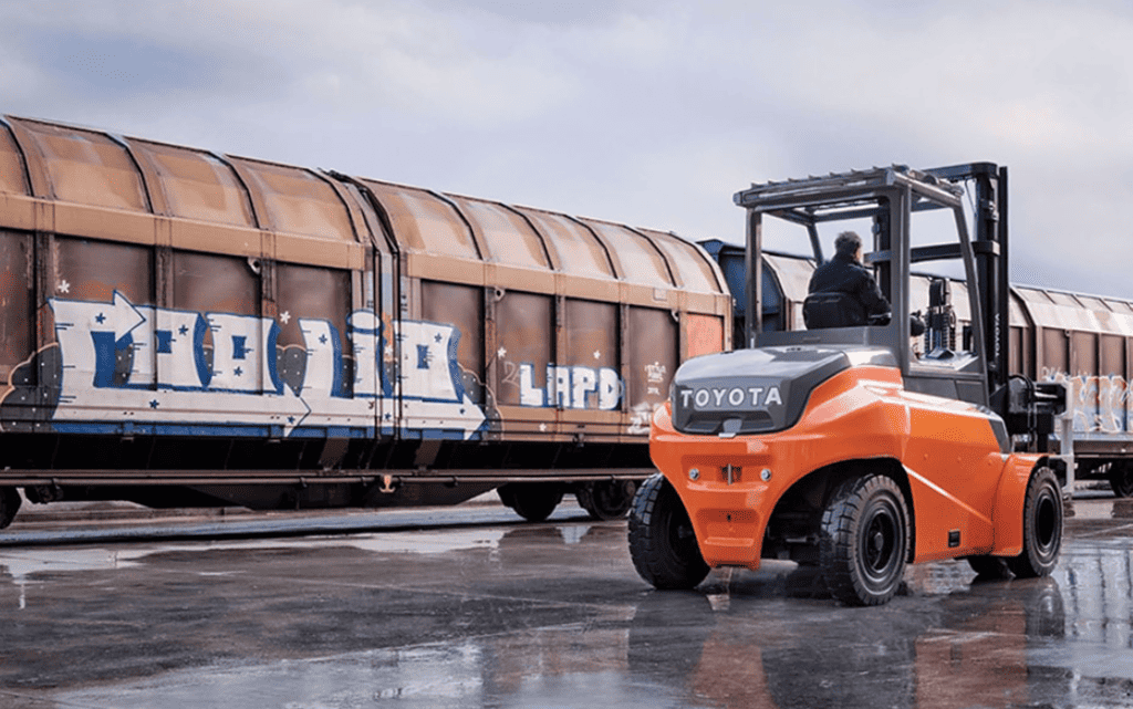 Toyota Electric Pneumatic Forklift working in a train station