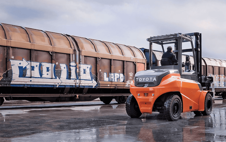 Toyota Electric Pneumatic Forklift working in a train station