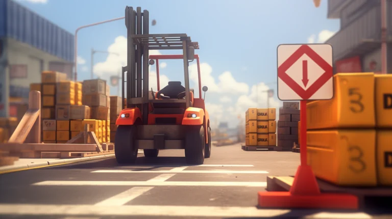 a forklift at a crossroad, surrounded by traffic signs indicating road regulations for forklift operation