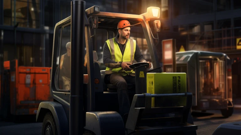 a forklift driver wearing a high-visibility vest, operating a forklift equipped with flashing light