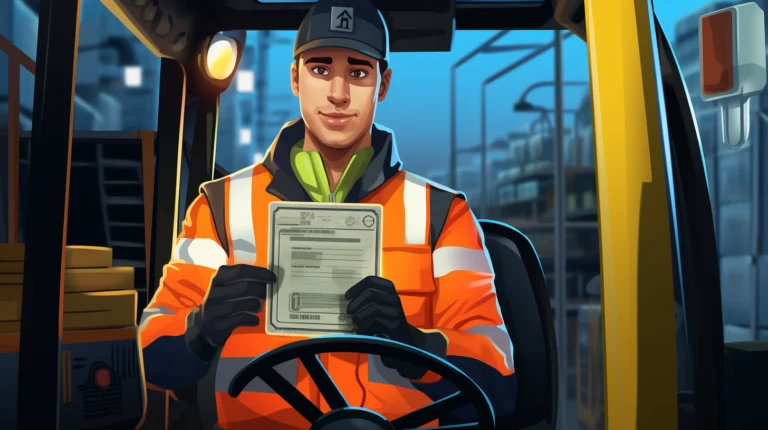 a forklift operator wearing a reflective vest, sitting inside a forklift with a valid driver's license displayed
