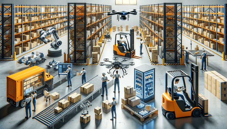 a modern warehouse with diverse robots and automated systems in action