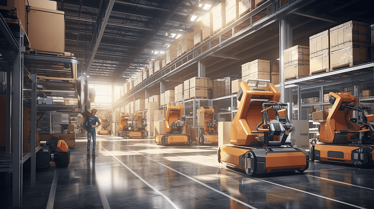 an expansive warehouse with autonomous robots sorting, moving boxes, and loading trucks