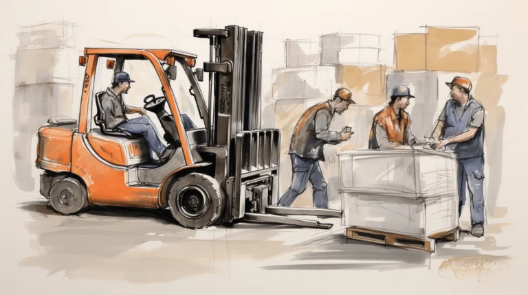 With meticulous attention to detail, a forklift training scene unfolds. Trainees are sketched in various poses: some noting down points, some operating the forklift, and others in discussion
