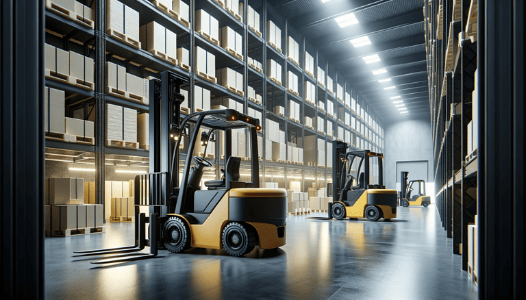 Electric forklifts operating efficiently inside a spacious, well-lit modern warehouse, emphasizing clean and high-tech logistics.