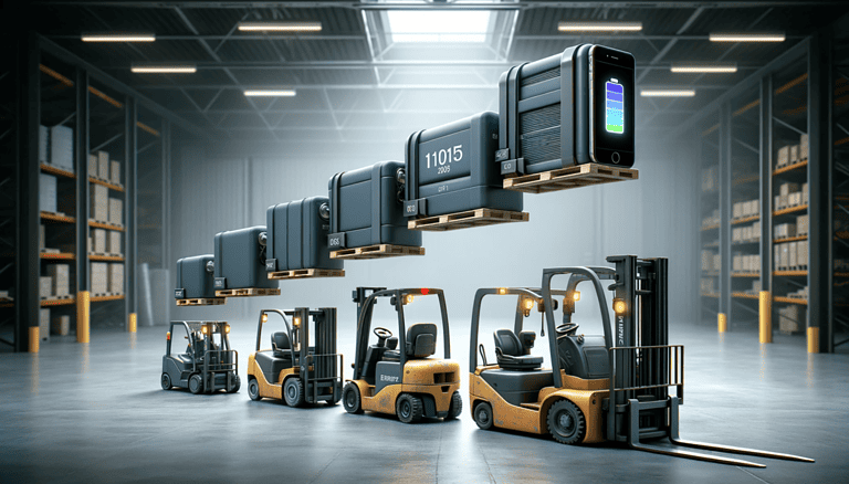 Progression of forklift batteries from bulky to sleek over time, alongside a modern smartphone, in an industrial setting.