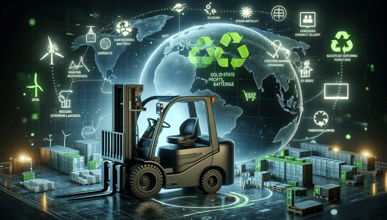 Futuristic forklift with a solid-state battery, sustainable symbols, and a global growth backdrop.