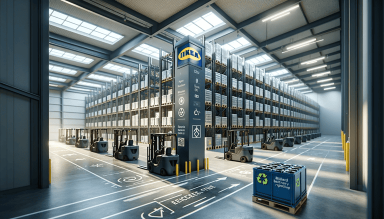 Electric forklifts in IKEA's clean, sustainable distribution center with recycling bins for battery repurposing