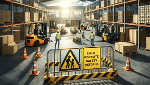 Photorealistic depiction of a safe worksite emphasizing child safety measures, with workers in safety gear and forklifts operated in a secure environment.