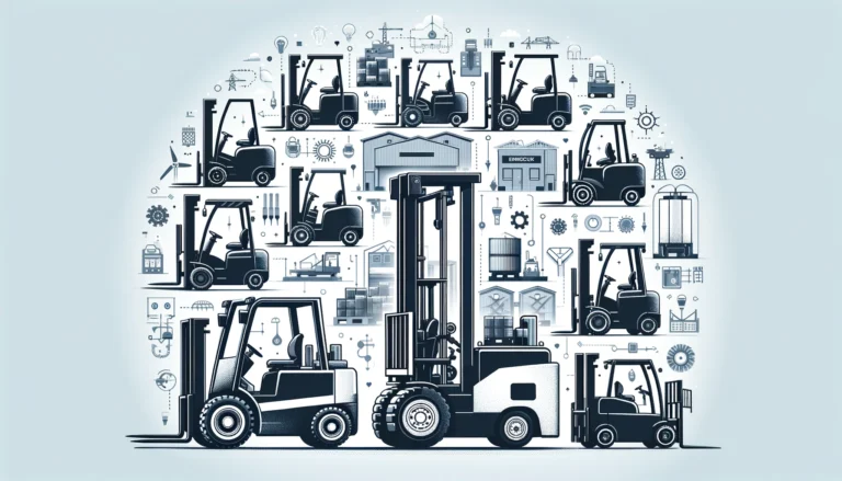 An array of different forklifts in a warehouse setting, representing various types such as electric, diesel, and narrow aisle forklifts, each distinct in design to suit specific industrial needs.
